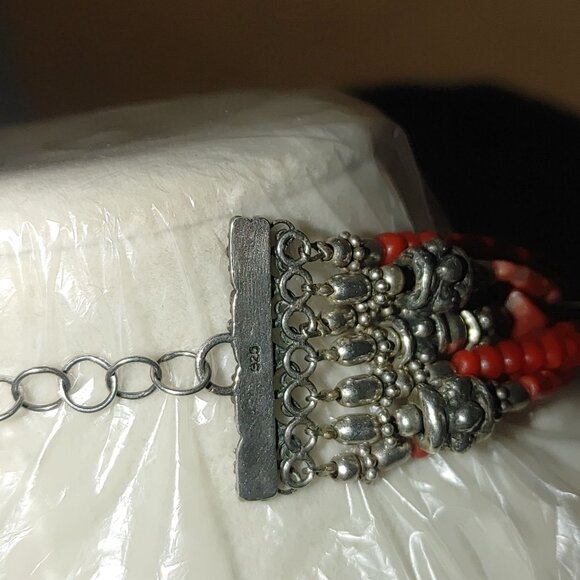 Red Coral Multi Strand Necklace 16 Inch Mexican 925 Sterling Silver Intricate - Picture 2 of 11